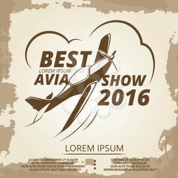 Avia show vintage poster design with airplane. Banner vector illustration