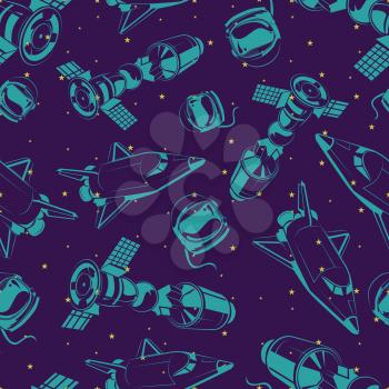 Space seamless pattern with shuttle, backgorund with international space station and stars. Vector illustration