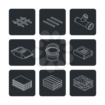 Building and contruction materials icons set - wooden boards, concrete plates, ropes, cement and paint. Vector illustration