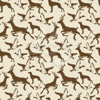 Vintage seamless pattern with ducks, deers and hound. Vector illustration