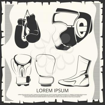 Sport poster with boxing outfit - helmet, gloves and shoes. Vector illustration