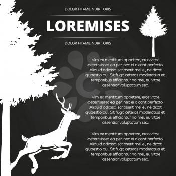 Blackboard background with deer and tree - chalkboard wild nature poster. Vector illustration
