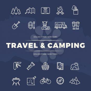 Travel and camping line icons set on blue grunge backdrop. Vector illustration