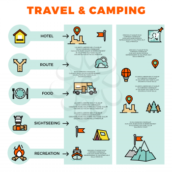 Travel and camping colorful infographic with line icons. Adventure and camp tourism, vector illustration