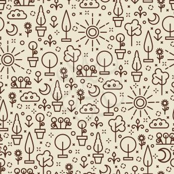 Line art nature seamless pattern - seamless texture with tree, flowers, sun and moon. Vector illustration