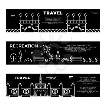Travel and recreation flat banners template with line art landscapes. Collection of posters illustration