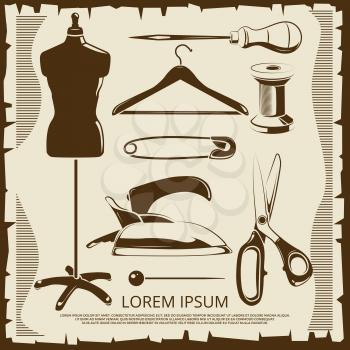 Vintage elements for tailor labels - scissors, dummy, thread, pins in retro style. Vector illustration