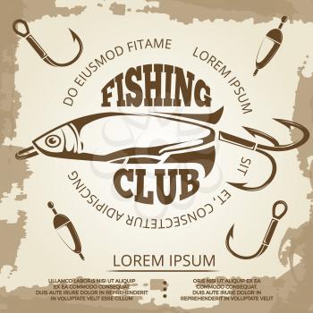 Vintage grunge fishing poster with label and fishing accessories. Vector illustration