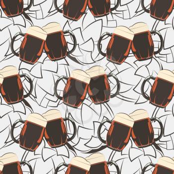 Beer seamless pattern with beer mugs and hops silhouetes. Alcohol drink mug background. Vector illustration