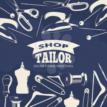 Blue tailor shop fashion banner or poster with scissors. Handmade and handwork poster. Vector illustration