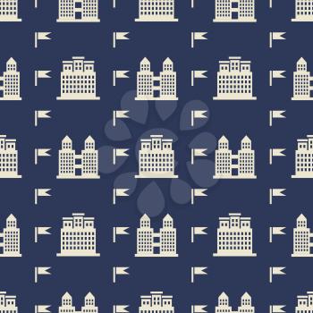Buildngs and flags seamless pattern - city on blue seamless texture. Vector illustration