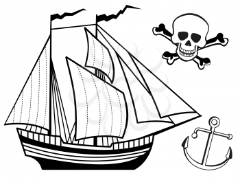 Coloring page with ship, anchor and human skull. Vector illustration