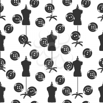 Monochromic tailor shop seamless pattern with dummy and buttons. Vector illustration