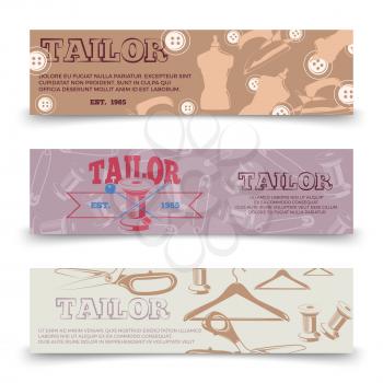 Tailor horizontal banners template with tailor accessories. Fashion sewing template poster. Vector illustration