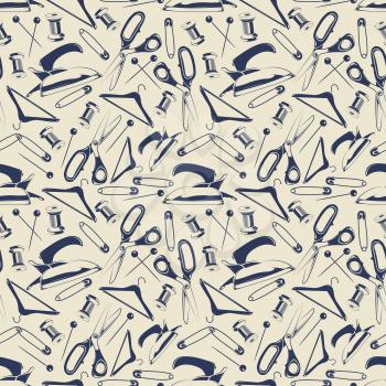 Tailor shop seamless pattern with scissors, iron, pins. Tailor background design. Vector illustration
