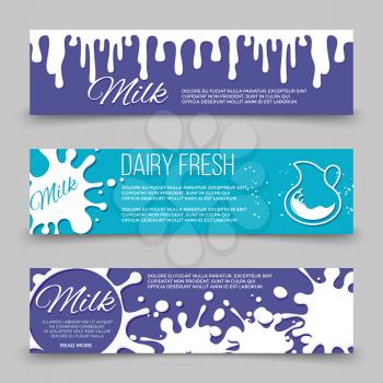 Dairy fresh banners template design with milk or yoghurt splashes. Dairy food yoghurt. Vector illustration