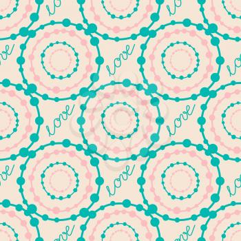 Abstract colorful hipster seamless pattern with rounds and lettering sign love. Abstract background, vector illustration