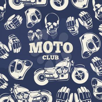 Moto club grunge vintage background. Motorcycle and helmet. Vector illustration