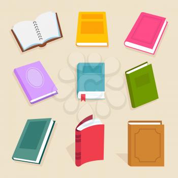 Flat vector books and reading documents. Open science textbook, encyclopedia and dictionary icons. Dictionary and literature textbook for school illustration