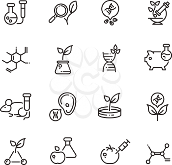Gmo food and medical science vector line editable icons. Dna modification and agriculture technology outline symbols. Science genetic modification dna in food illustration
