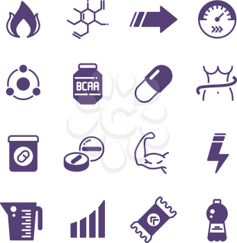 Sport supplements power, protein and vitamin sports nutrition vector icons. Sport nutrition for power, protein and vitamin for fitness illustration