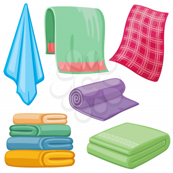 Cartoon towels vector set. Cloth towel for bath, illustration of cartoon fabric towel for hygiene