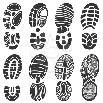 Running sport shoes vector footprint set. Silhouette of sole print, black track shoe illustration