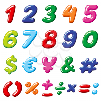 Vector rainbow candy numbers and glossy funny cartoon children alphabet symbols. Cartoon number font colorful for education children illustration