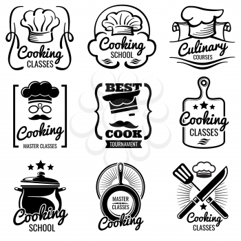 Vintage cooking in kitchen classes vector silhouette labels. Cook workshop emblems. Gourmet logos collection, illustration of cooking label for school or classes