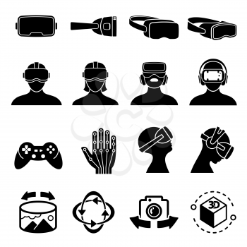 Virtual reality and headset glasses vector icons. Simulation game and vr computer sensor device symbols. Visual game gadget for simulation illustration