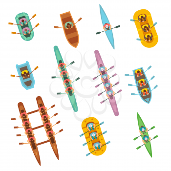 Top view rowing sport boats with team vector set. Water sport boat team, canoe and kayak rowing illustration