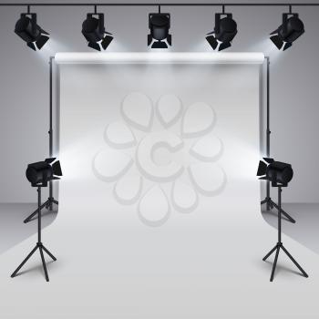Lighting equipment and professional photography studio white blank background. 3d vector illustration. Studio for photography with light equipment