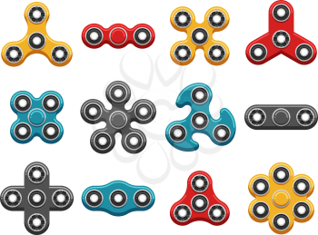 Hand spinner toys flat vector icons. Vector fidget spinners, mechanical hands steel ring playthings isolated on white background