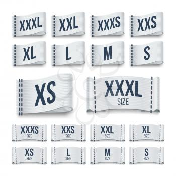 Size clothing fabric ribbon labels. Garment tags vector set. Sign size tag for product fabric illustration