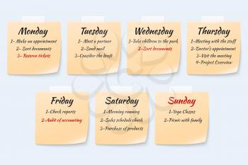 Weekly job plan on sticky notes, ugent work event paper memo vector set. Week reminder planner, remember agenda on stationery yellow sticky notes illustration