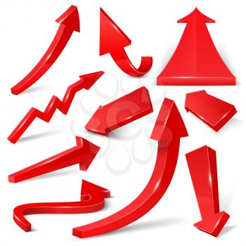 Glossy red 3d arrows isolated on white vector set. Arrow web curve direction illustration