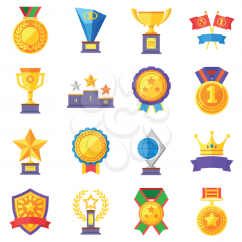 Flat rewards vector icons. Gold cups, medals and crowns pictograms. Medal and sport trophy, achievement competition illustration