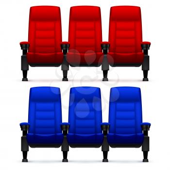 Cinema empty comfortable chairs. Realistic movie seats vector illustration. Empty chair red and blue for seat cinema theater