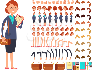 Cartoon flat businesswoman vector character constructor with set of body parts and different hand gestures. Businesswoman constructor face and wear, hand and leg illustration