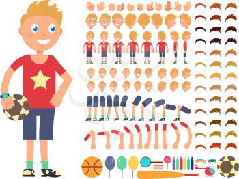 Cartoon boy character. Vector creation constructor with different emotions and body parts. Constructor boy character head leg and hand illustration