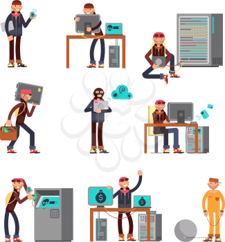 Criminal hackers breaking computer bank accounts. Finance and internet security protection icons with cartoon thief characters. Criminal computer hacker in bank hacking illustration