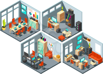 Isometric business offices with different workspaces. 3d vector office plan. Isometric office with room interior illustration