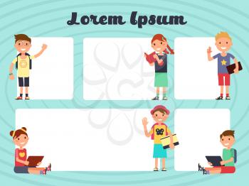 Fun frames kids layout. Vector texting brochure backgrounds with cartoon children. Cartoon cheerful kids with template of poster or brochure illustration