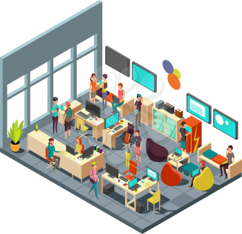 Relaxed creative people meeting in room interior. 3d isometric coworking and teamwork vector concept. Teamwork in office room illustration