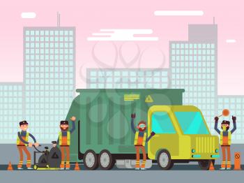 Waste management and city garbage collection for recycling vector concept with sanitation workers, garbage truck and trash bins. Trash and garbage car, illustration of container with waste