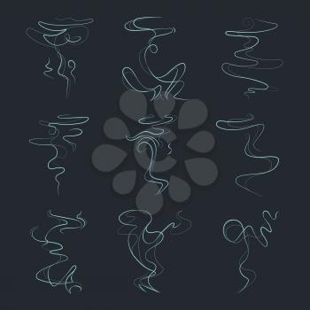 Aroma, vapor trail, steam, smell, odor vector icons. Smoke line from fire, extinct, illustration set of toxic smoke linear