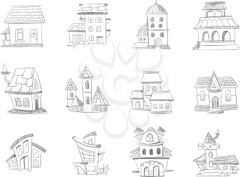 Cute hand drawn houses with windows, doodle housing, sketchy homes vector set. Linear sketch of suburb home, ilustration of home in pencil