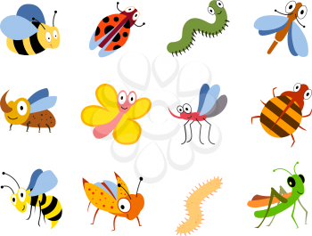 Funny insects, cute cartoon bugs vector set. Colored insects bee butterfly and ladybird, collection of cute insects