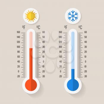 Celsius and fahrenheit meteorology thermometers measuring heat and cold, vector illustration. Thermometer equipment showing hot or cold weather
