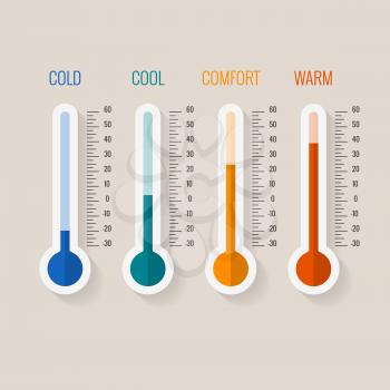Temperature measurement from cold to hot, thermometer gauges set vector illustration. Temperature thermometer comfortable